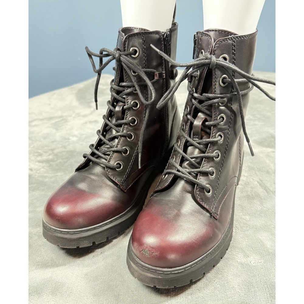 SO Boots‎ Womens Size 8.5 Red Black Bowfin Burgundy Combat Ankle Lace Up Zip